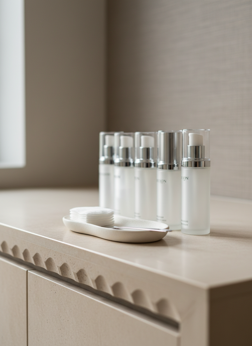A refined, photographic image of a neat countertop arrangement in a plastic surgery clinic, featuring a row of frosted glass skincare bottles and airless pumps with minimalist silver accents. They are positioned on a smooth, light stone surface beside a small, sculptural white ceramic tray holding cotton pads and a stainless-steel spatula. Soft, indirect daylight from an unseen window creates gentle reflections on the glass and a mild glow along the stone edge. The background is a blurred, warm-gray wall with subtle texture, contributing to a luxurious yet clinical mood. Captured from a low, three-quarter angle with shallow depth of field, the image highlights the importance of post-operative skincare in a setting of calm professionalism and aesthetic refinement.
