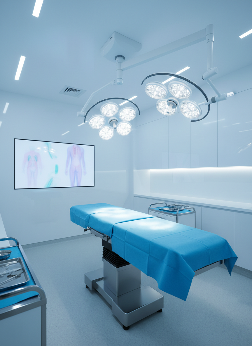 A sleek, state-of-the-art plastic surgery operating room captured in photographic realism, with a central operating table covered in a flawless, sky-blue sterile drape. Overhead, a ring of modern LED surgical lights forms a luminous halo, their surfaces gleaming with reflections of the room. Surrounding the table are streamlined white cabinets and a glossy, wall-mounted monitor displaying softly blurred, pastel anatomical imagery. Cool, even lighting fills the room, eliminating harsh shadows while subtle highlights glint off stainless-steel surfaces. Shot from a slightly elevated, wide-angle perspective, the image conveys a sense of advanced technology, sterility, and calm preparedness, perfectly balancing clinical precision with an understated, aesthetic sensibility.