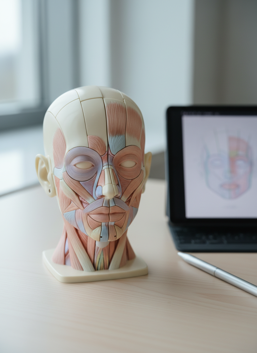 A photographic, high-resolution close-up of a detailed 3D anatomical face model made of matte ivory material, segmented to show underlying musculature and structural contours in soft pastel tones. The model rests on a smooth, pale wood desk next to a slim, silver digital pen and a sleek tablet displaying a softly blurred facial contour diagram. Cool, diffused light from a large window to the side casts delicate shadows that enhance the planes of the face, emphasizing cheekbones, eyelids, and jawline. Shot from a slightly elevated angle with the model in sharp focus and the tablet subtly out of focus, the scene conveys thoughtful planning, precision, and the fusion of anatomy with artistic design in plastic surgery.