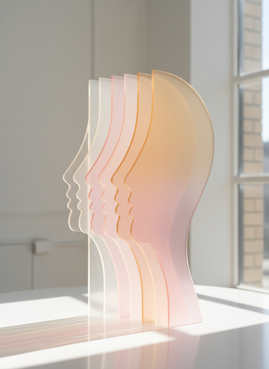 An abstract yet realistic photographic composition of translucent, gently curved acrylic panels arranged to evoke the silhouette of a human profile without any literal depiction. The panels, in gradients of soft pearl, blush, and pale gold, stand on a glossy white surface in a bright, minimalist studio. Sunlight streams in from the right, refracting through the edges and creating delicate, overlapping reflections and shadows on the surface below. Captured from a side-angle at eye level, the layers form a harmonious, sculptural rhythm, symbolizing transformation, subtle enhancement, and balance in aesthetic plastic surgery. The mood is refined, modern, and artistic, suitable for a brand focused on healing and the realization of beauty.