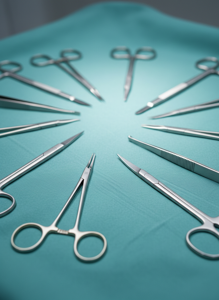 An elegant, close-up photographic image of finely crafted surgical instruments arranged with artistic precision on a soft teal sterile drape. Each tool—delicate forceps, sleek scalpels, and finely serrated scissors—has a brushed stainless-steel finish that catches cool, diffused operating-room light. Reflections glimmer subtly along the metal edges, while the fabric beneath shows gentle folds and a slightly textured weave. Shot from a slightly elevated angle with shallow depth of field, the front instruments appear razor-sharp while the background softly blurs into an abstract wash of teal and silver. The mood is calm, meticulous, and professional, highlighting the harmony between medical precision and aesthetic artistry in modern plastic surgery.