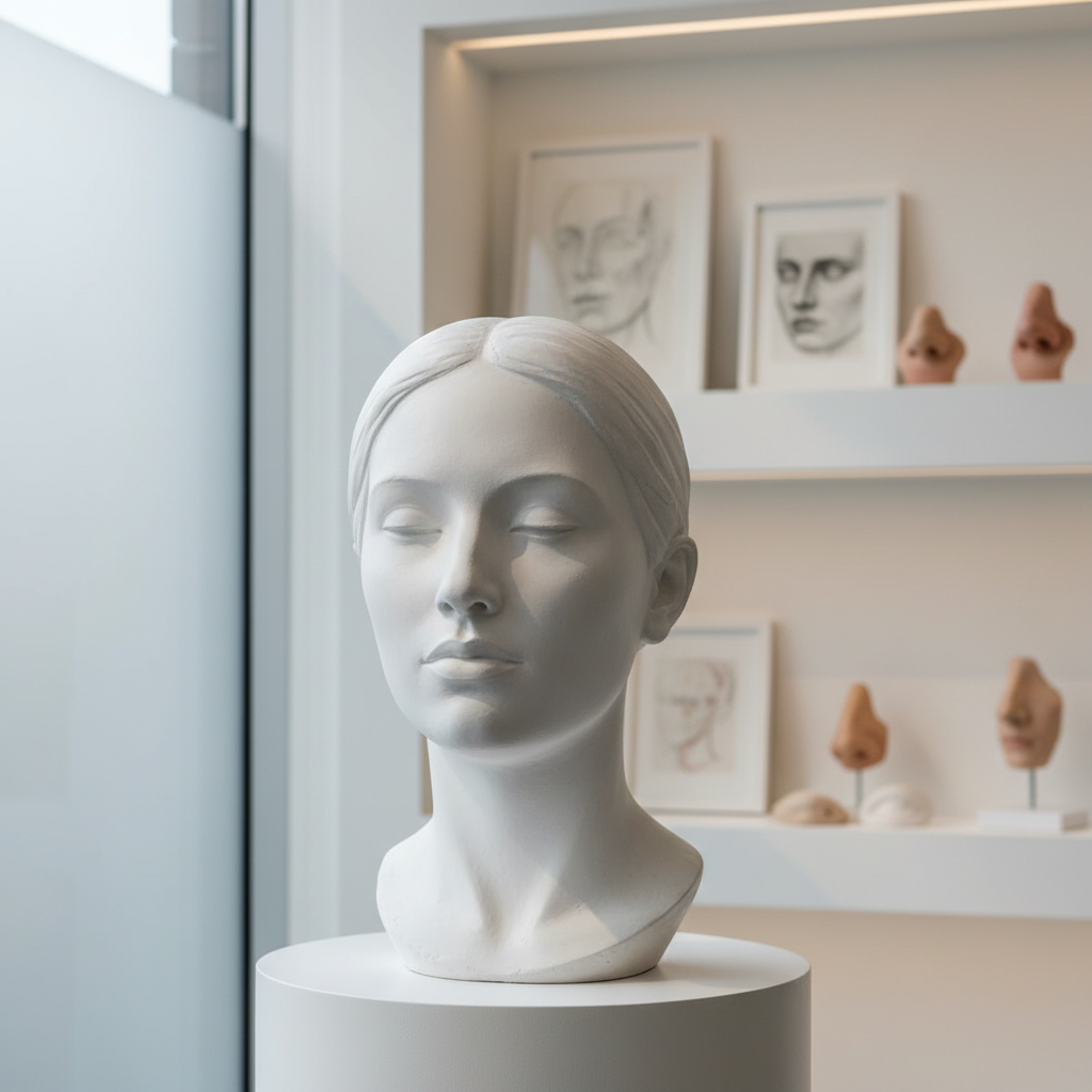 A beautifully lit, photographic close-up of an artist’s plaster bust placed on a clean white pedestal inside a modern plastic surgery consultation space. The bust, with smooth but subtly detailed facial contours, is illuminated by soft side lighting from a nearby window, emphasizing shadows along the cheekbones, jawline, and nose. Behind it, blurred shelves hold anatomical diagrams and sculptural models of noses, eyelids, and profiles in neutral tones. The image is shot at a slightly low angle, allowing the bust to feel almost monumental while still intimate. The mood is contemplative and artistic, suggesting the surgeon’s focus on proportion, harmony, and beauty as both a science and an art, with a clean, gallery-like atmosphere.