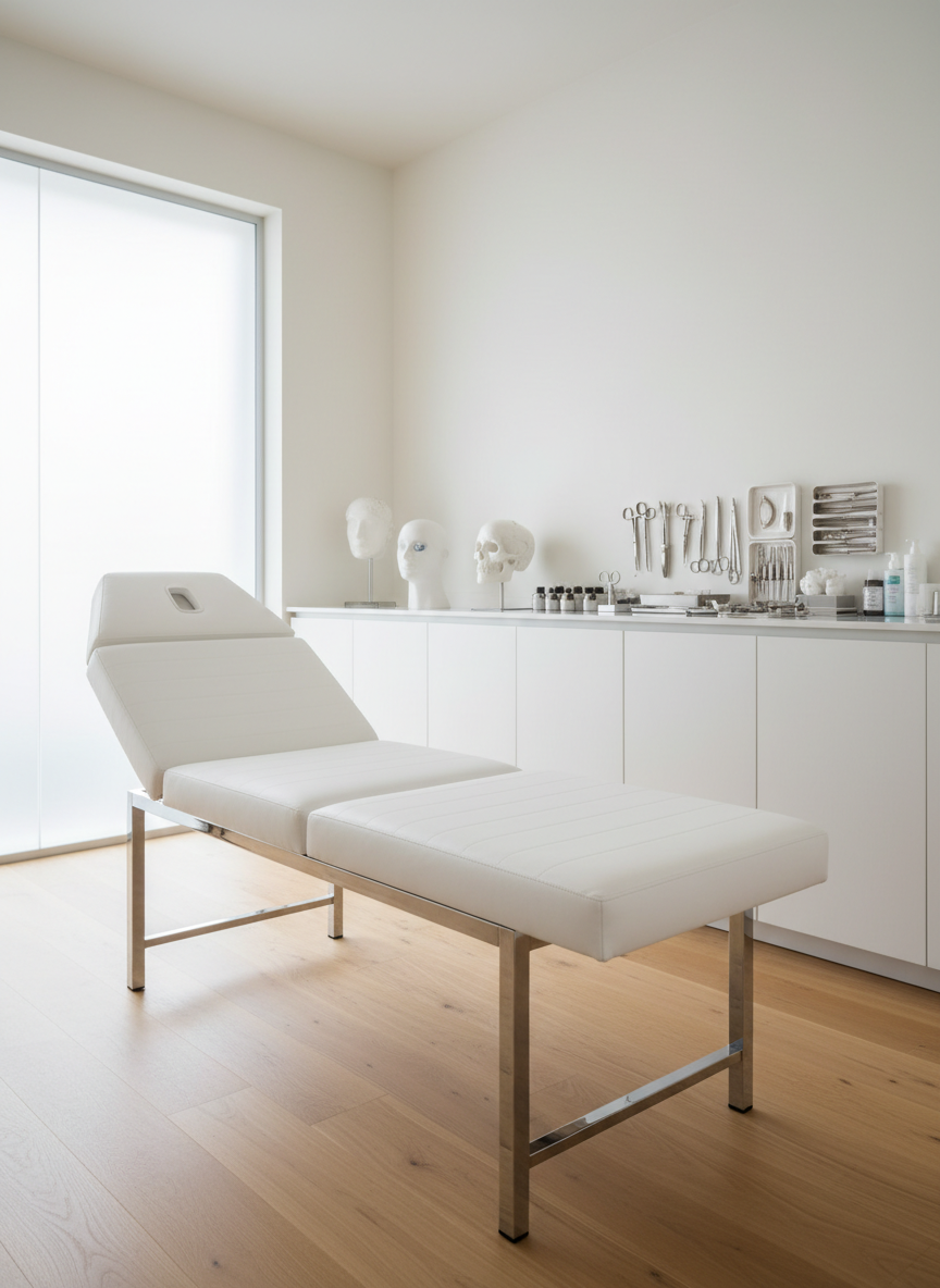 A minimalist, high-end consultation room rendered in photographic realism, featuring a pristine white examination bed with smooth, seamless upholstery and polished chrome legs. The bed rests on pale oak flooring beside built-in matte white cabinetry, where neatly arranged surgical instruments and artful anatomical models of the face and body are softly out of focus. Diffused daylight enters through a frosted glass window, creating gentle, shadowless illumination that feels calm and clinical yet warm. The composition is at eye level with a slight wide-angle view, emphasizing cleanliness, order, and professional precision. Subtle bokeh in the background keeps the focus on the pristine environment, conveying trust, safety, and an aesthetic approach to plastic surgery without any human presence.