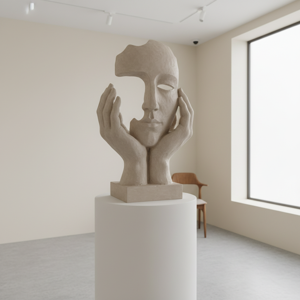 A photographic, high-end image of a neutral-toned plaster or marble sculpture of a human face and hands on a clean pedestal in a medical consultation space. The focus is on artistic facial and hand contours, with soft clinical lighting, pale background, and no bed or spa elements. The mood is professional, calm, and refined, combining medical precision with artistic aesthetics.