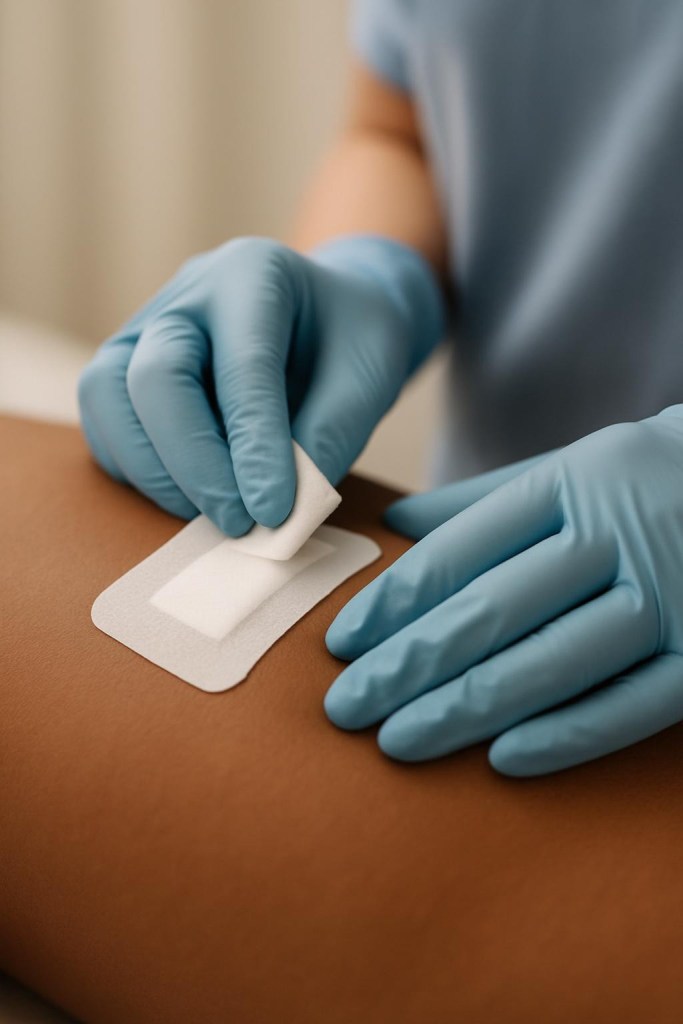A gentle, close-up clinical photograph of a nurse performing post-surgical wound care on medium-toned skin. Only the nurse’s gloved hands (pale blue nitrile gloves) and the patient’s skin are visible. One hand supports the area while the other uses sterile gauze to softly pat around a small, fully covered incision beneath a clean white adhesive dressing. No blood or exposed tissue is visible. The background is softly blurred with neutral beige and soft white tones, suggesting a quiet, modern treatment room. Lighting is warm and diffused, creating a professional, reassuring, and elegant medical atmosphere.