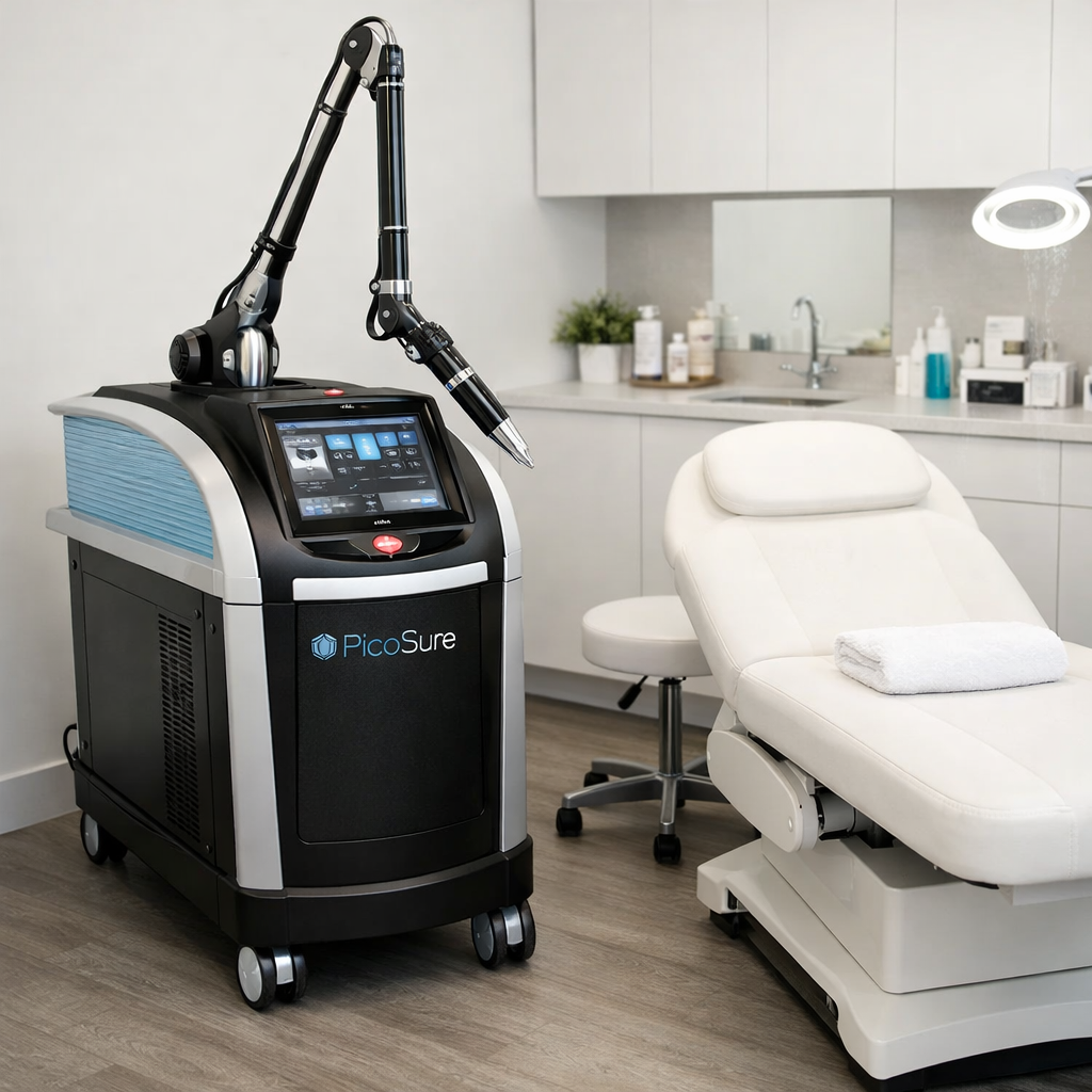 PicoSure laser device with touchscreen beside white treatment bed